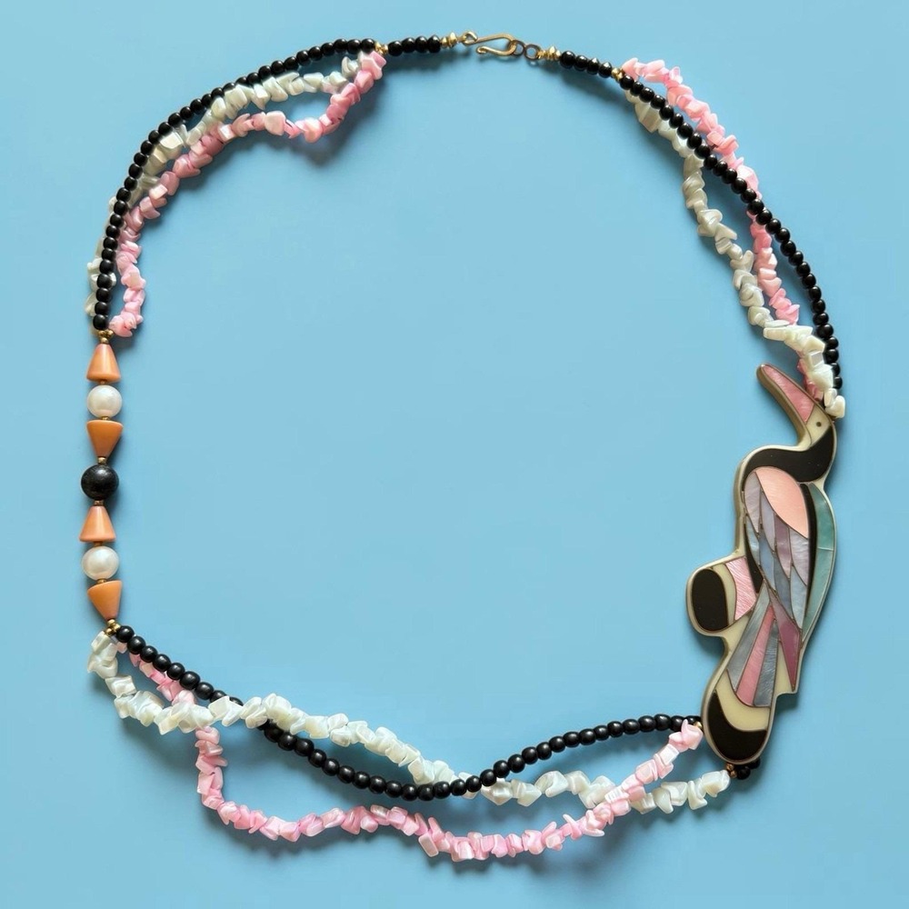 Vintage Lee Sands Inlay Mother Of Pearl Multi Strand Tropical Bird Necklace